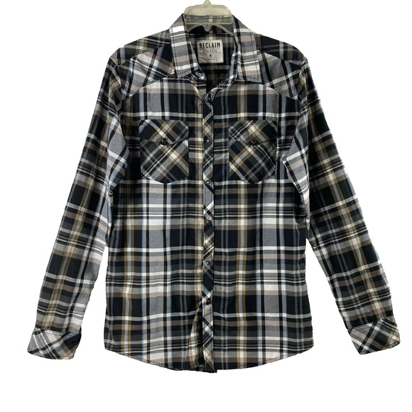 Reclaim‎ Shirt Mens Medium Black Brown Plaid Snap Up Pockets Western Long Sleeve - Picture 1 of 10
